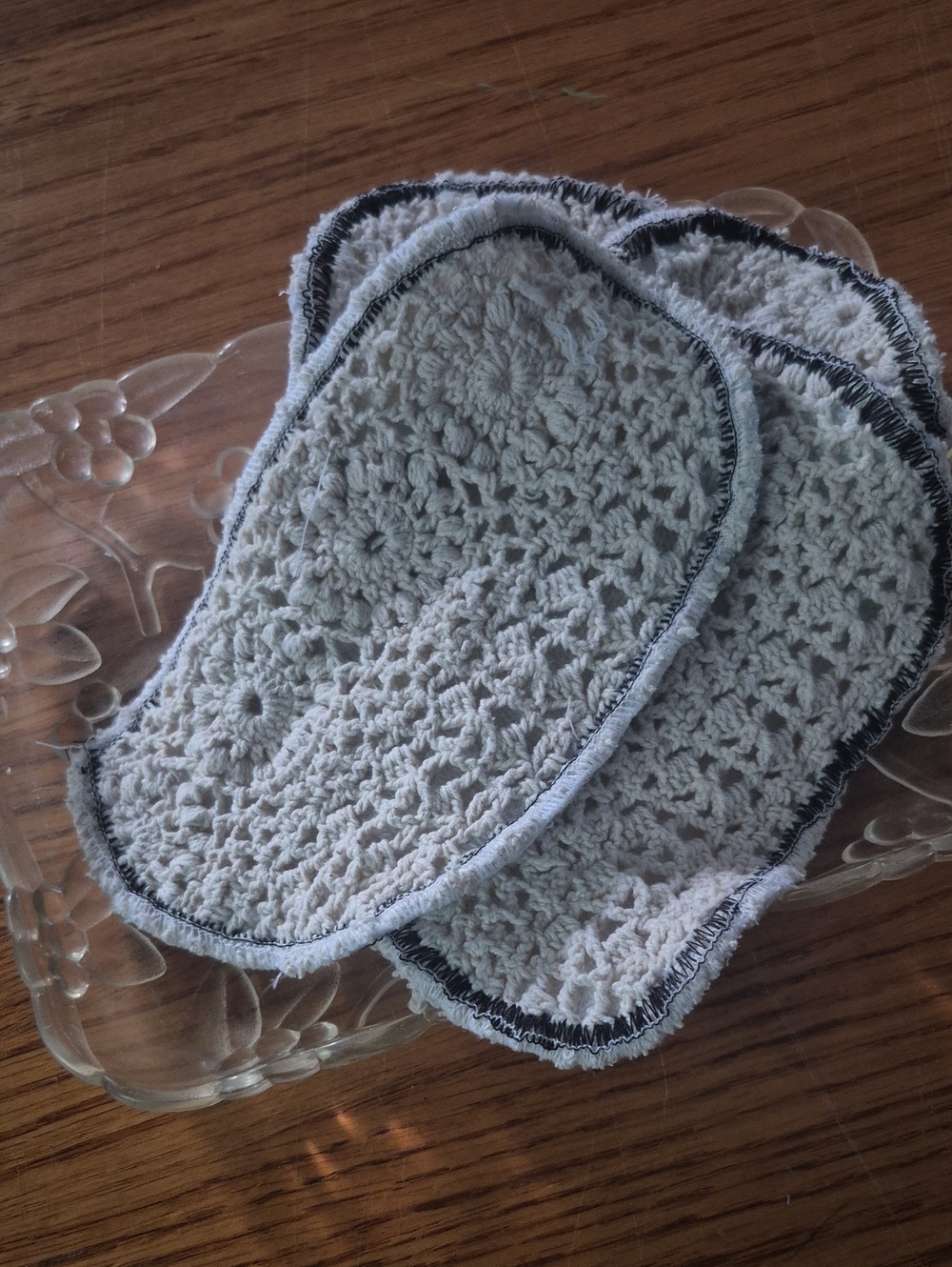 Handmade Crochet Cotton Face Rounds Or Kitchen Scrubbies - Ivory with Black Trim